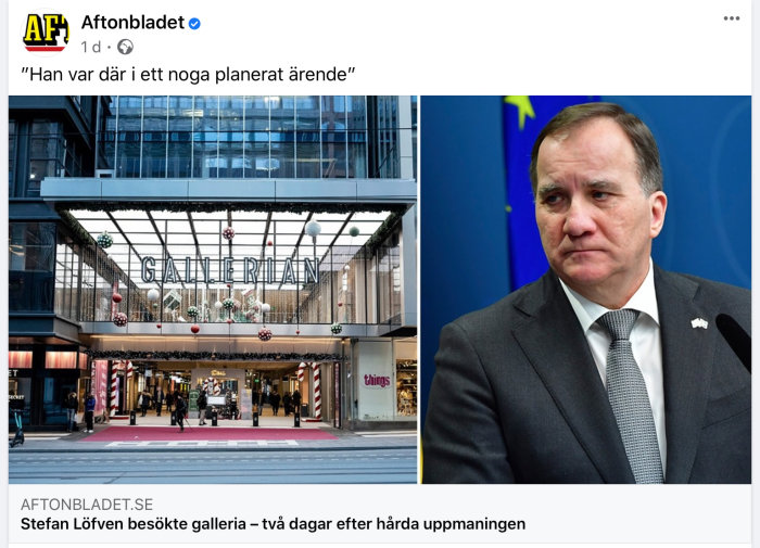 Bildkollage med köpcentrets entré och bild på allvarlig man i kostym.
