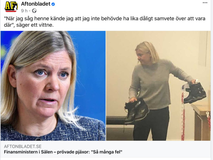 Kvinna i grå tröja håller upp ett par pjäxor inomhus, med en suddig bild av en offentlig profil ovanför.
