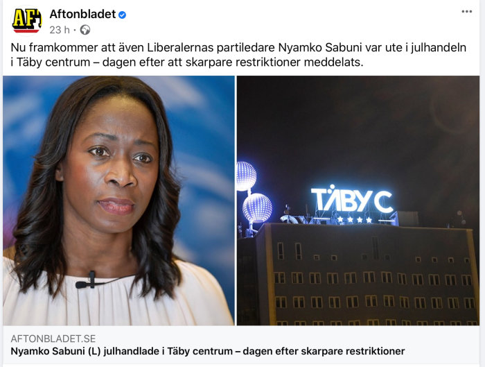 Porträtt av en kvinna och Täby Centrums neonskylt under mörk himmel.