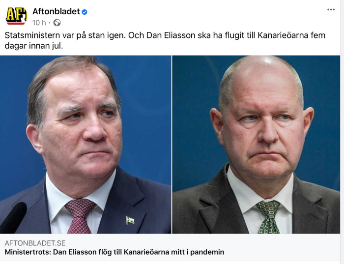 Två formella porträtt av män med slips, en med svensk flaggpin och den andra med bekymrad min.