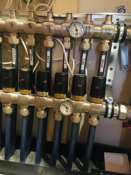 Golvvärmefördelare med termostatventiler och tryckmätare, numrerade anslutningar.