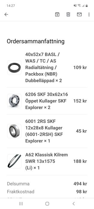 Skärmbild av ordersammanfattning med SKF kullager och tätningar samt kilrem med priser.