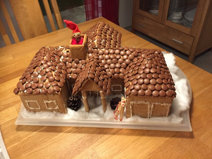Modell av hus byggt som pepparkakshus dekorerat med chokladknappar, med en figur i röd luva på taket.