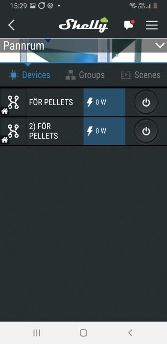 Skärmbild av Shelly-appen med två enheter för pellets som visar 0 watt och är avstängda.