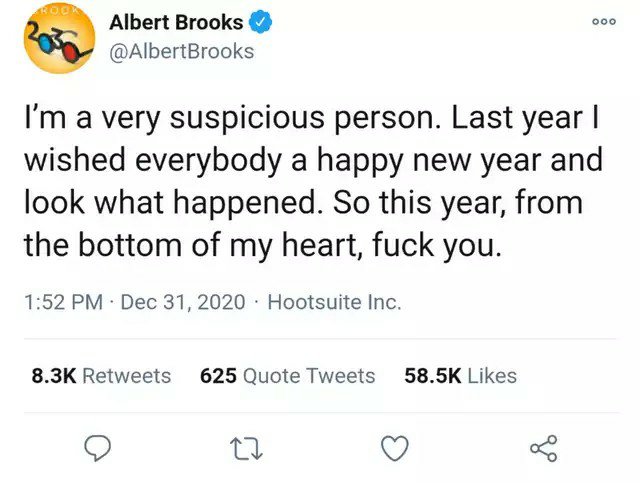 Skärmdump av ett Twitter-inlägg från Albert Brooks med en sarkastisk nyårshälsning.