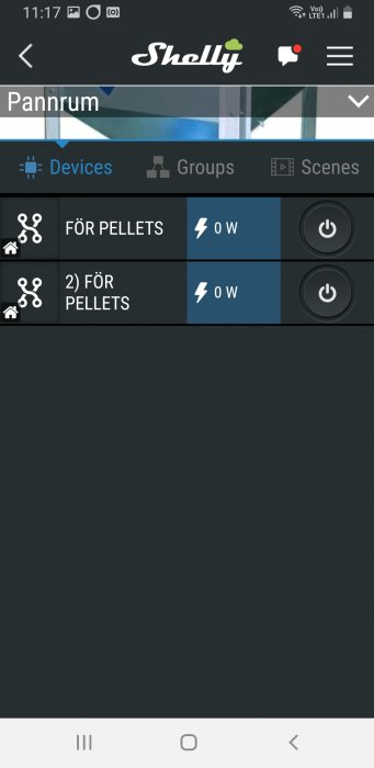 Skärmdump av Shelly-appen visar "Devices" för pellets med 0W förbrukning och av/på-knappar.