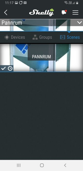 Skärmdump av Shelly appen med titeln "Pannrum" utan notifikationer trots fungerande inställningar.
