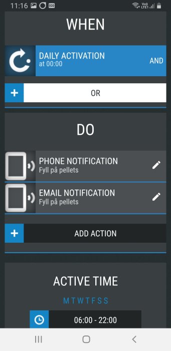 Skärmbild av inställningsmenyn i en app för automatisering med alternativ för telefoni- och e-postnotiser om att fylla på pellets.