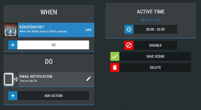 Automatiseringsgränssnitt för smarta hem enheter med inställningar för händelsetrigger och e-postnotiser.