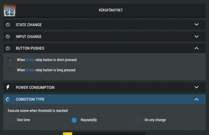 Skärmdump av automatiseringsinställningar med markerad trigger för "Shelly relay button is short pressed".