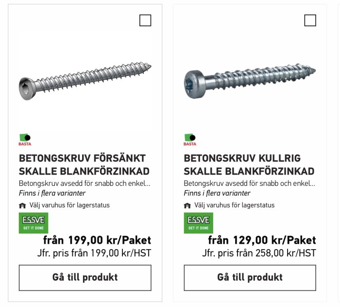 Två förpackningar av betongskruvar, en försänkt och en kullrig, med prisinformation.