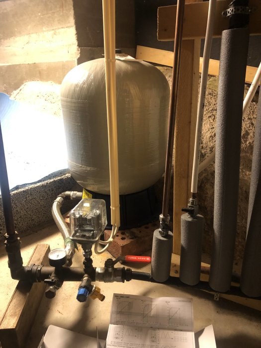 Vattenpumpsystem med tryckströmbrytare, rörgångar, isolerade filter och hydrofor samt bruksanvisning i ett pannrum.