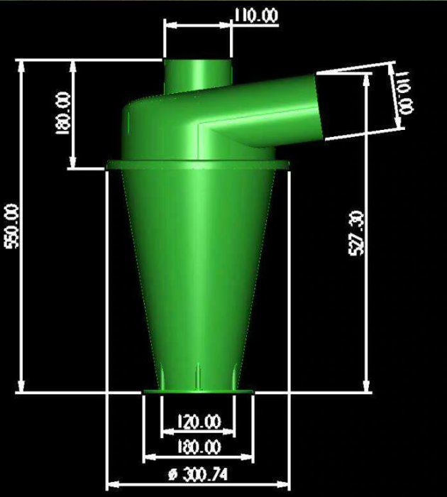 3D-modellerad grön cyklonseparator med måttangivelser.