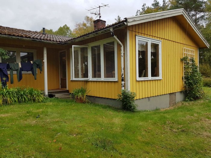 Ett gult hus från 1976 med trädgård innan renovering, kläder hänger på tork.