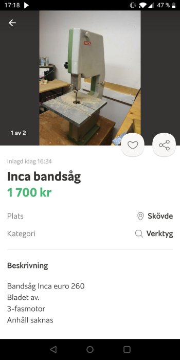 Inca bandsåg modell euro 260 till salu, saknar blad och anhåll, fotograferad i ett verkstadsutrymme.