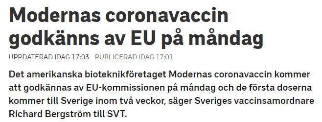 Bild på en nyhetsartikel om EU:s godkännande av Modernas coronavaccin.