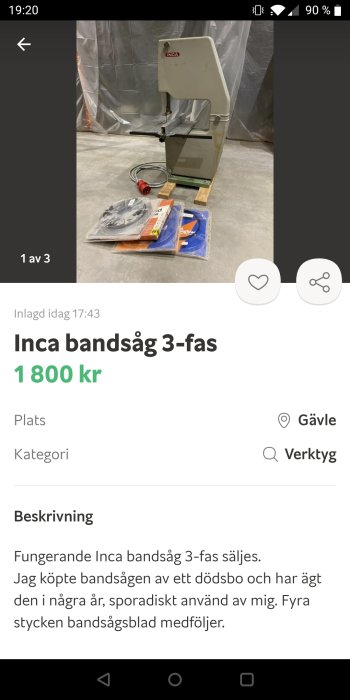 Inca bandsåg 3-fas med extra sågblad säljes, visas på betonggolv med vit bakgrund.