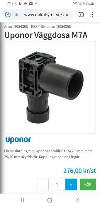 Uponor Väggdosa M7A för 15mm PEX-slang, svart plast, med anslutningsdetaljer visade.