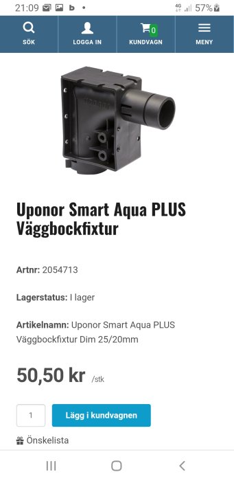 Väggbockfixtur från Uponor Smart Aqua PLUS, svart plast, för rörmontage, visad på en webbshopssida.