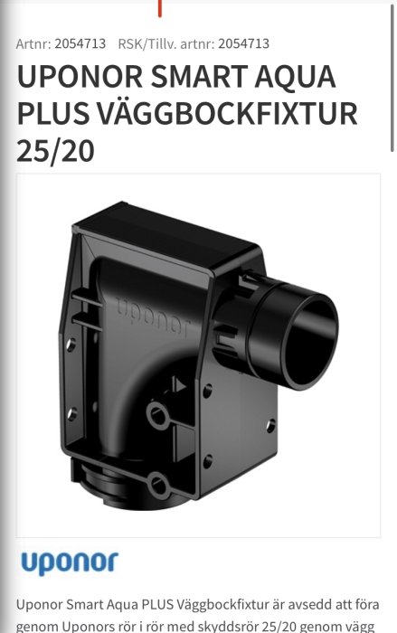 Uponor Smart Aqua PLUS Väggbockfixtur för rörinstallationer.