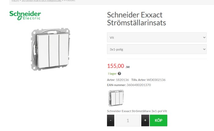 Vit Schneider Exxact strömställarinsats med tre knappar för väggmontering, visas bredvid pris och produktinformation.
