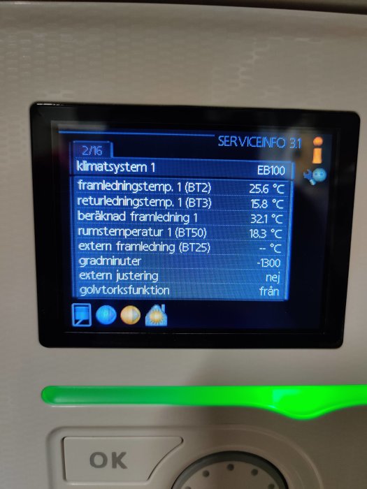 Digital display visar värden på klimatsystem med temperatur- och funktiondata, inkluderat gradminuter på -1300.