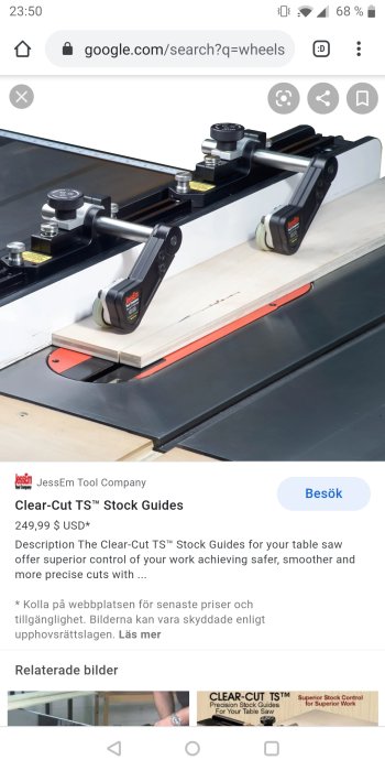 Clear-Cut TS™ Stock Guides monterade på bordssåg för precision och kontroll vid sågning.