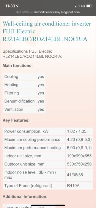 Skärmdump av FUJI Electric luftkonditioneringsenhet RJZ14LBC/ROZ14LBL specifikationer för kylning och värmefunktion.