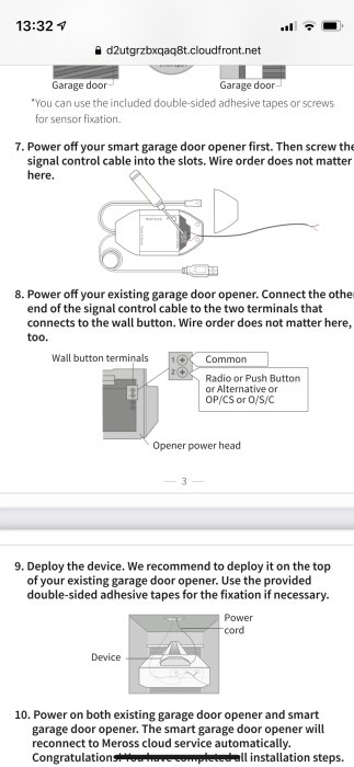 Illustration av installation av en Meross smart garageportöppnare och koppling till befintlig garageportsknapp.