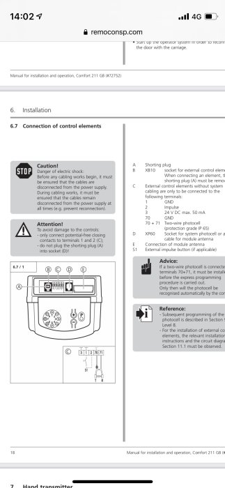 Manual för installation av garageportsöppnare visar varningar, anvisningar och en skiss på kopplingspunkter för kontrollenheter.