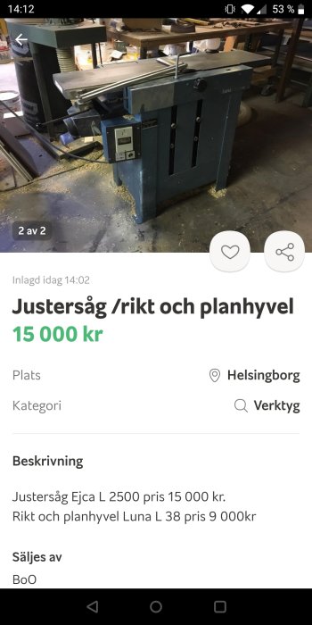 Begagnad rikt och planhyvel Luna L 38 i ett verkstadsutrymme, möjligen utan anhåll, skick bör inspekteras.