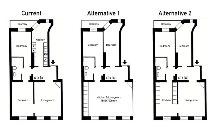 Tre planlösningar för en lägenhet, nuvarande och två alternativ med olika kökslayouter.