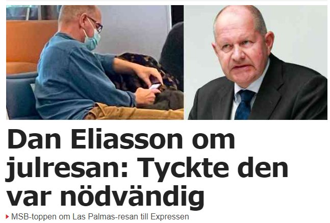 Man i flygplatsväntrum med ansiktsmask tittar på sin mobil, brevid en bild av MSB-toppens porträtt och en tidningsrubrik.