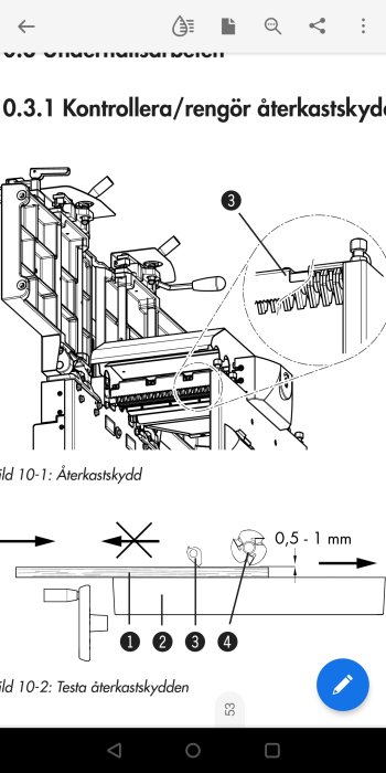 Teknisk ritning av en maskins återkastskydd och instruktioner för att testa dess placering.