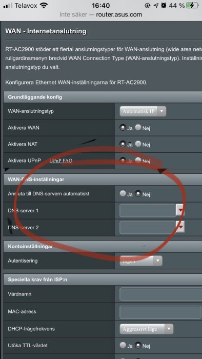 Skärmdump av WAN-inställningar på en ASUS-router med val för automatisk DNS och andra nätverksfunktioner.