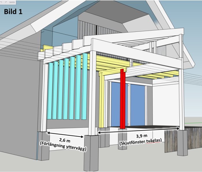 3D-ritning av planerat uterum under balkong med markerade stolpar och takkonstruktion.