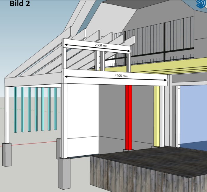 3D-rendering av planerat uterum under balkong med måttangivelser och markerade stolpar i olika färger.