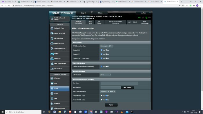 Skärmdump av ASUS router gränssnitt med WAN-inställningar och SSID: staffan_2.4, staffan_5G.