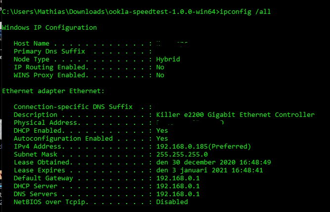 Skärmbild av IP-konfigurationsresultat från kommandot 'ipconfig /all' i en Windows-kommandotolk.