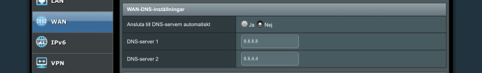Inställningsmeny för WAN-DNS med alternativ för manuell DNS, visar Google's DNS-adresser 8.8.8.8 och 8.8.4.4.
