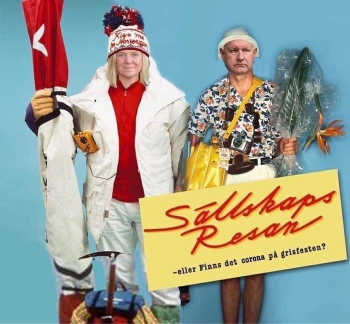 Affisch för "Sällskapsresan" med två karaktärer i humoristiska semesterkläder och tillbehör.