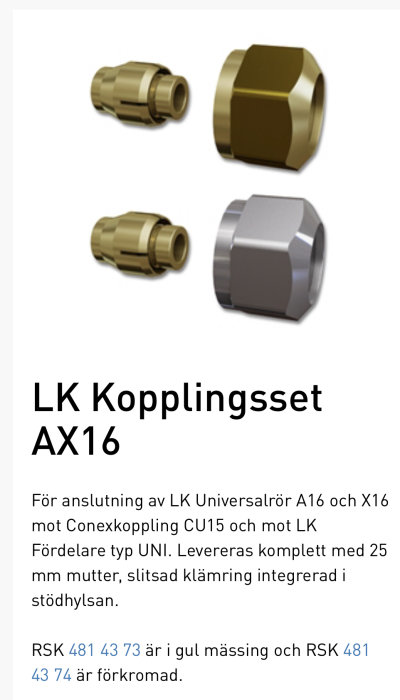 Kopplingsset för rörinstallation, inkluderande mässingskopplingar och förkromad mutter.