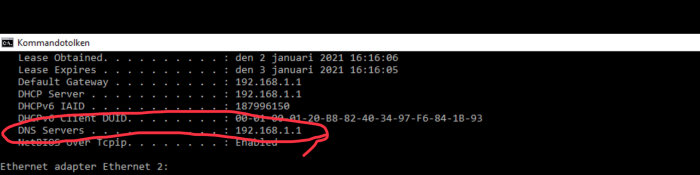 Skärmbild av kommandotolken som visar resultatet från en ipconfig /all-kommando med DNS-servrar markerade.