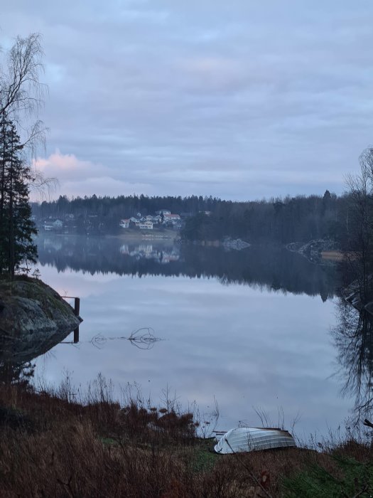 Dyster nyårsaftonsvy över en stilla sjö med spegelblank yta, omgiven av skog och hus i skymningen.