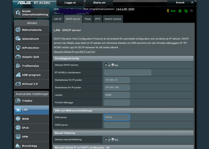 Skärmdump av routerns DHCP-serverinställningar med DNS-serverns adressfält i fokus.