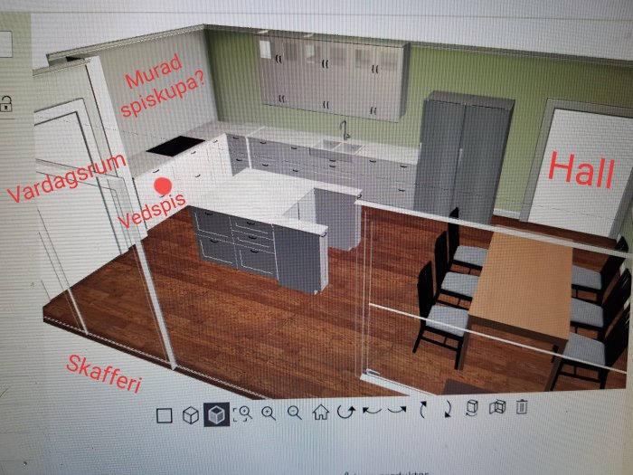 Datorritning av ett orenoverat kök med etiketter för planering av renovering.