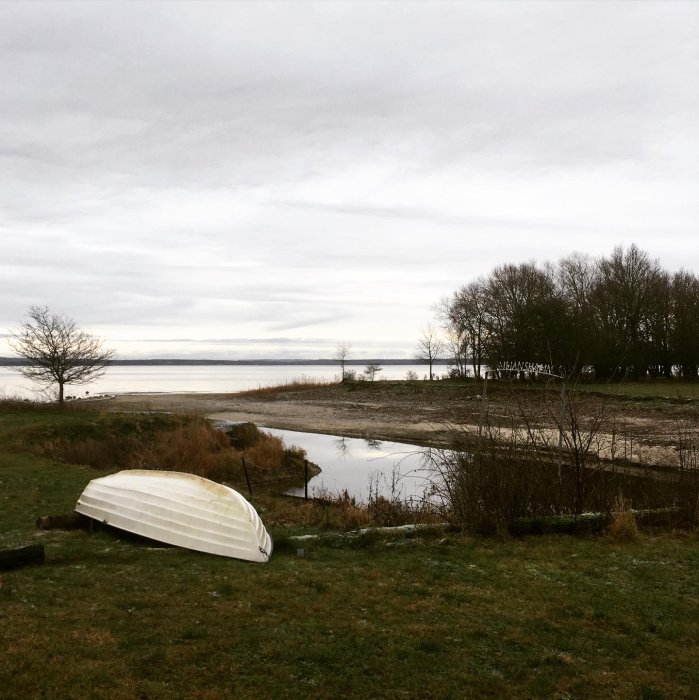 Omkullvält vit båt på grönt gräs vid Vombsjöns strand med lugnt vatten och träd i skymningen.