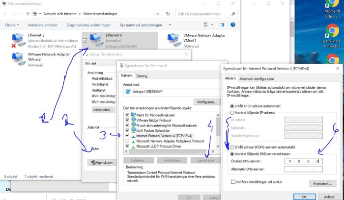 Skärmbild av nätverksinställningar i Windows med öppna fönster för konfigurering av IPv4 och DNS-serveradresser.