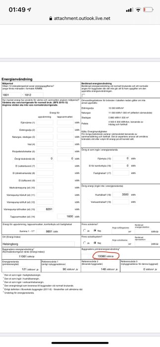 Skärmbild av energianvändningsformulär med inringad siffra 19830 kWh/år markerad för debatt.