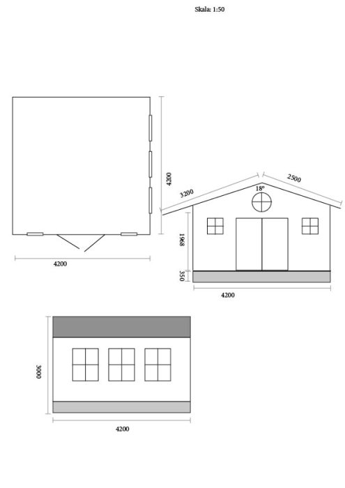 Ritningar av ett skjul med måttangivelser, inkluderar toppvy, sidoprofil och frontvy med fönster och dörr.